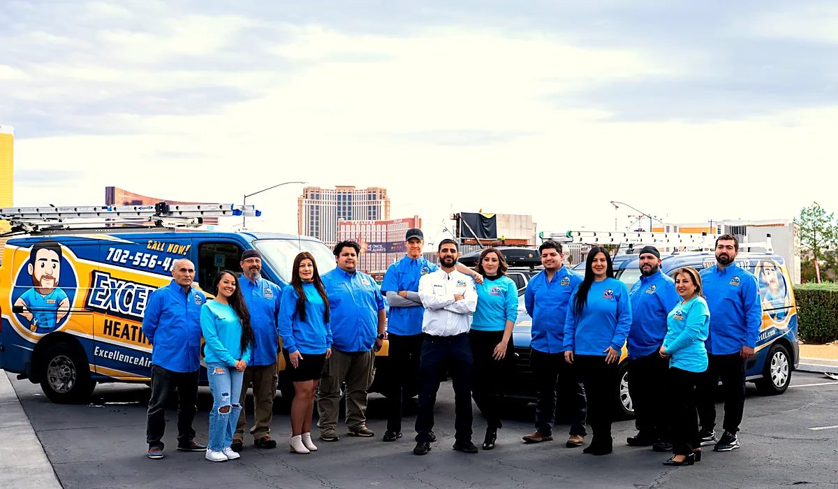The full Excellence Air & Plumbing team in front of the fleet in Las Vegas