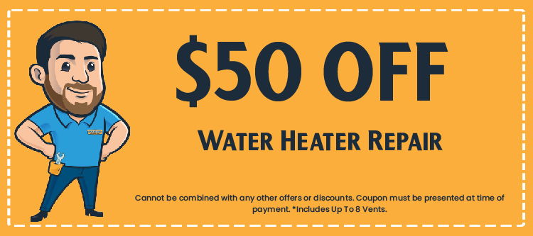 $50 off water heater repair coupon featuring a smiling technician in a blue shirt, emphasizing discounts for HVAC services.