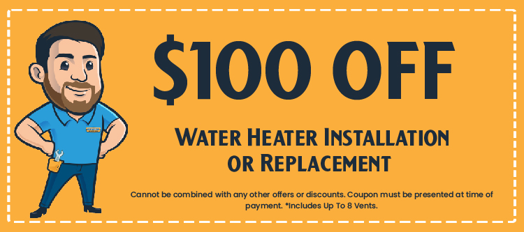 $100 off coupon for water heater installation or replacement, featuring a cartoon technician and terms for usage.