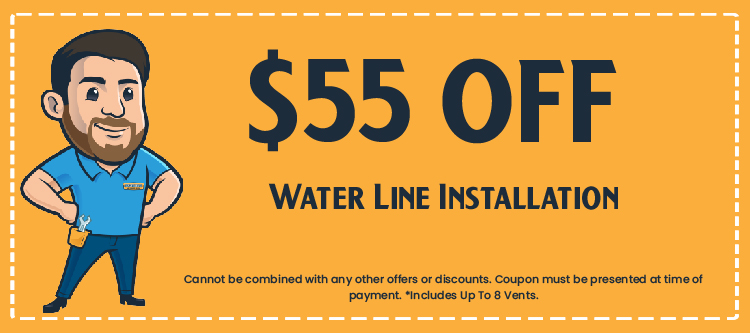 $55 off water line installation coupon featuring a cartoon plumber, promoting Excellence Air & Plumbing's HVAC and plumbing services.