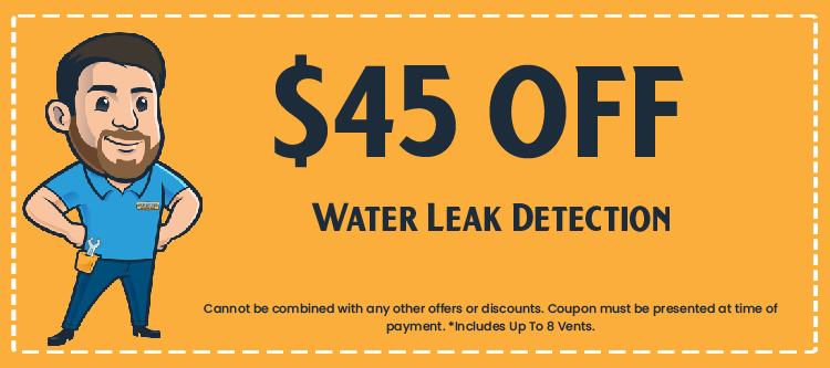 $45 off water leak detection coupon featuring a cartoon technician, promoting savings on plumbing services from Excellence Air LLC.