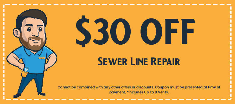 $30 off coupon for sewer line repair featuring a smiling technician, promoting Excellence Air LLC's plumbing services and cost-saving offers.