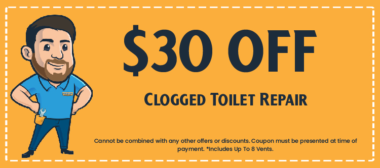 Cartoon character offering $30 off clogged toilet repair coupon for Excellence Air & Plumbing, highlighting promotional savings for plumbing services.