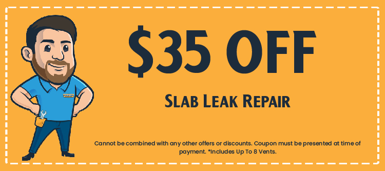$35 off slab leak repair coupon featuring a smiling technician in a blue shirt, highlighting promotional offer for plumbing services by Excellence Air LLC.