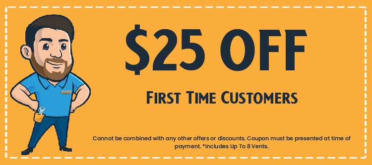 $25 off coupon for first-time customers of Excellence Air LLC, featuring a cartoon technician and promotional details on HVAC and plumbing services.