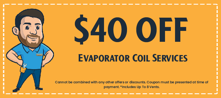 $40 off evaporator coil services coupon featuring a smiling technician in a blue shirt, promoting savings for HVAC services.