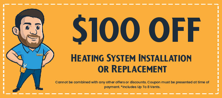 $100 off heating system installation or replacement coupon featuring a smiling technician, promoting discounts for HVAC services by Excellence Air LLC.