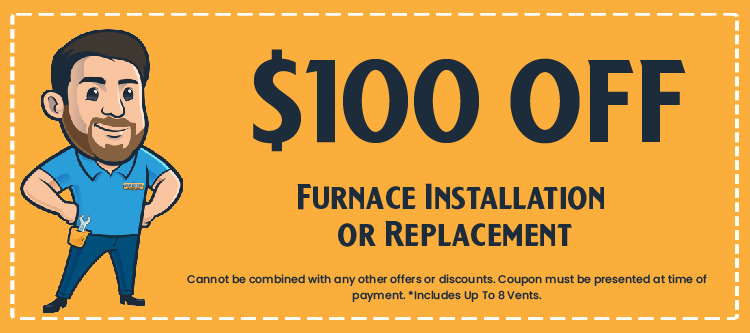$100 off coupon for furnace installation or replacement featuring a smiling technician in a blue shirt, promoting HVAC service savings.